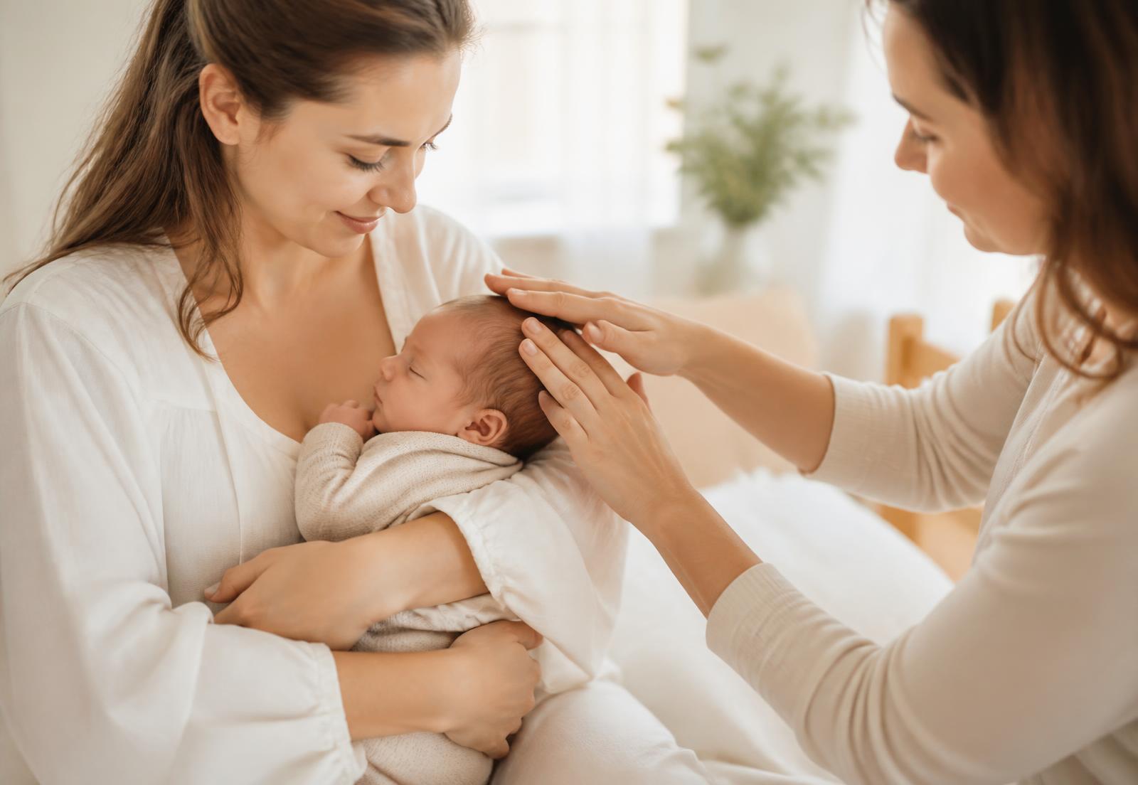 Mamma che tiene in braccio il suo neonato durante una delicata seduta di osteopatia pediatrica