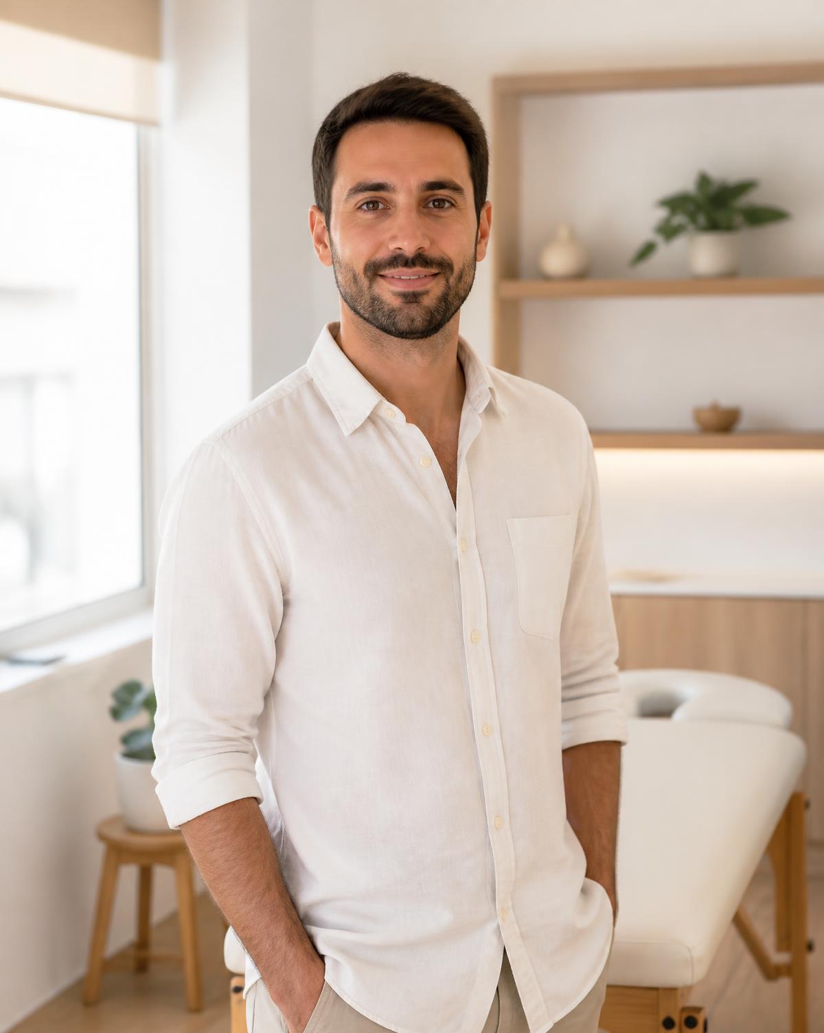 Ritratto professionale del Dott. Luca Marzano, osteopata D.O., nel suo studio luminoso